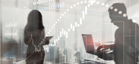 Financial histograms against the backdrop of offices. 2025 Finance background.の写真素材