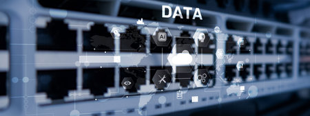 Cloud server and computing, data storage and processing on server background.