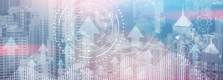 Business process automation concept. Gears and icons on abstract city background.