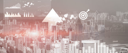 Modern abstract Blurred modern economic growth. Arrows up on city background.