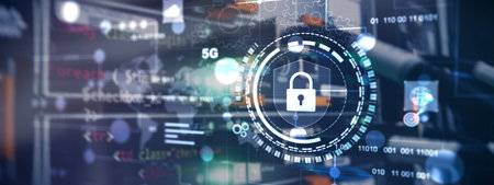 Cyber protection shield icon on server room background. Information Security 2025.