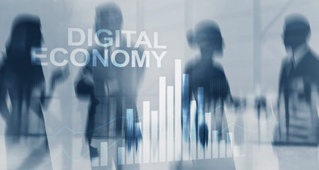 "Digital economy concept with futuristic technology interface and data flow visualization.の写真素材