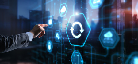 Businessman touching icon Update software application. Hardware upgrade technology concept.