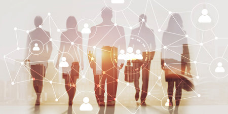 Businesspeople with digital social network icons and hologram overlay on city background.の写真素材