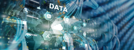 Cloud server and computing, data storage and processing on server background.