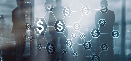 Dollar sign on the background of a modern city. Finance concept.の写真素材