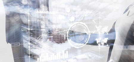 Business intelligence control interface marketing finance management. Silhouettes in the background.