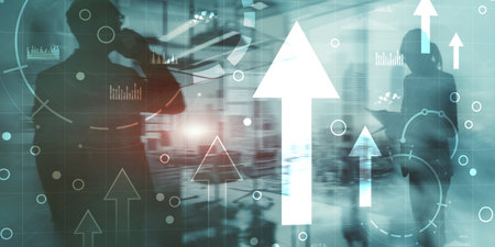 Business intelligence dashboard and arrows up, key performance indicators on a virtual screen...