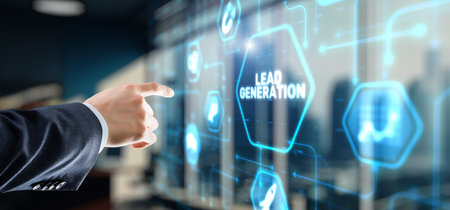 Businessman presses a button on the virtual screen: Lead generation.