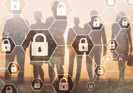 Secure structured business concept with locked elements and cybersecurity protection.の写真素材