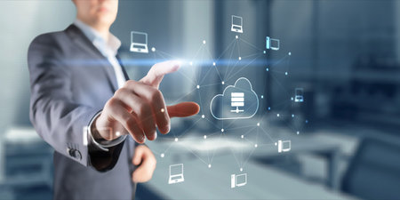 Digital technology data exchange cloud computing global business concept. Cloud computing on a...