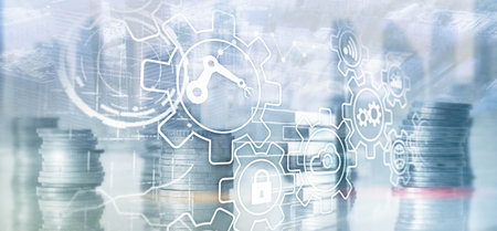 Gear icons on city background. RPA Robotic Process Automation.の写真素材