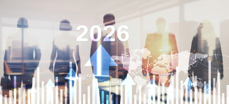 Business growth concept with office worker silhouettes against abstract rising arrows and 2026 year.