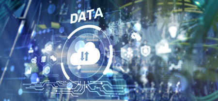 DATA internet concept. Universal background for presentation. Blurred server room background.