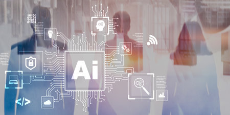 Abstract futuristic AI data processing and machine learning technology concept.の写真素材