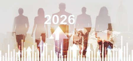 Business growth concept with office worker silhouettes against abstract rising arrows and 2026 year.