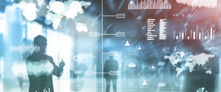 Business dashboard with key performance indicators on a virtual screen city interface.の写真素材