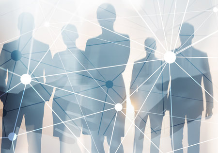 Digital network and data connection with business people silhouettes. Technology innovation communication.の写真素材