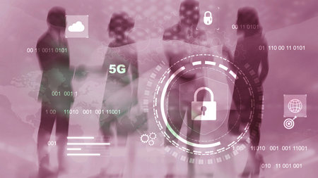 Businesspeople walking with digital security and 5g technology hologram in background.