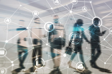 Telecommunications network with global connections and data exchange on digital background.の写真素材