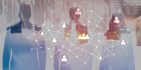 Businesspeople with digital social network icons and hologram overlay on city background.の写真素材