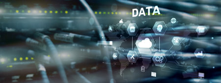 Cloud server and computing, data storage and processing on server background.