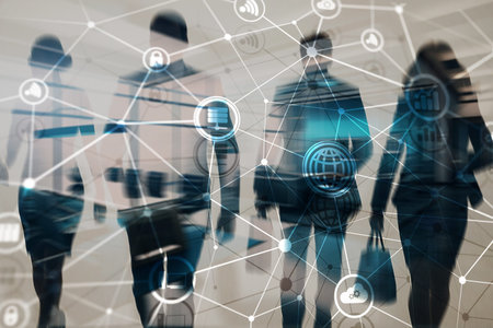 Telecommunications network with global connections and data exchange on digital background.