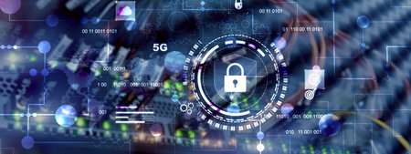 Cyber protection shield icon on server room background. Information Security 2026.