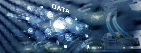Cloud server and computing, data storage and processing on server background.