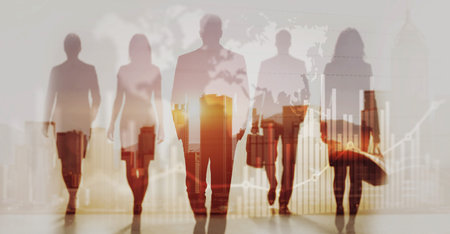 Global business growth chart on virtual screen with world map and people silhouettes background.の写真素材