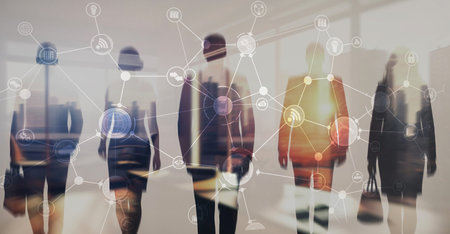 Industrial innovation and automation technology with silhouettes digital network manufacturing. Business infrastructure diagram with hierarchical structure.の写真素材