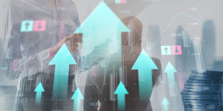 Financial Market Growth Visualization with Upward Trading Arrows.