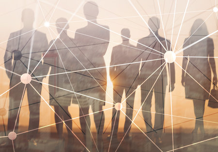 Digital network and data connection with business people silhouettes. Technology innovation...