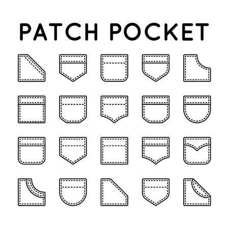 Patch pocket. Linear icon pocket jacket, jeans, uniform, coat, bag, dress, raincoat, shirt. The flap, button, seam in a simple linear style is isolated on white background.のイラスト素材
