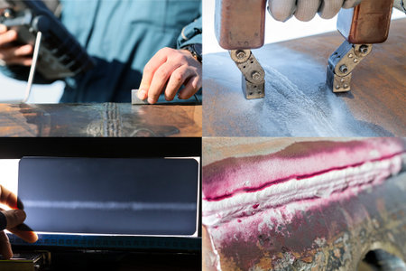 View of the nondestructive testing methods with multiple photos. Nondestructive testing (NDT) is a wide group of analysis techniques used in science and technology industry.の写真素材