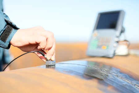 <p>Engineer is inspection to pipe welds with ultrasonic testing. Reflected ultrasound comes from an...