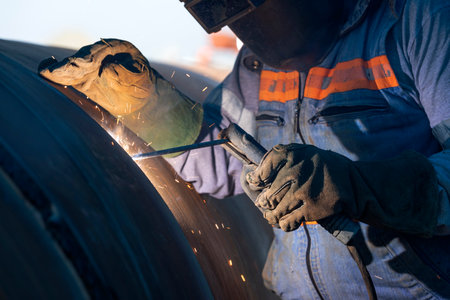 Shielded metal arc welding, manual metal arc weld, flux shielded arc weld or stick welding, is a manual arc welding process that uses a consumable electrode covered with a flux.の写真素材