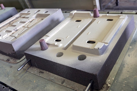 View of the sand mold casting. Sand casting, also known as sand molded casting, is a metal casting process characterized by using sand as the mold material.の写真素材