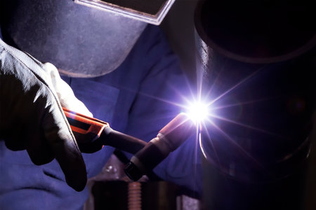Welder qualification testing with gas tungsten arc welding (gtaw, argon) process of the stainless steel pipe. Welder certification is based on designed specially tests.の写真素材