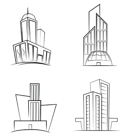 Black And White Buildings Set Collectionのイラスト素材