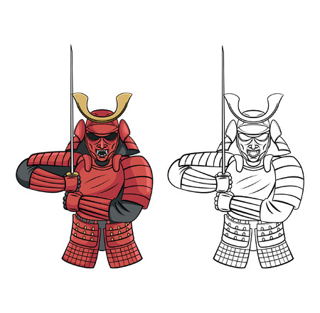 Coloring book Samurai Warrior cartoon characterのイラスト素材