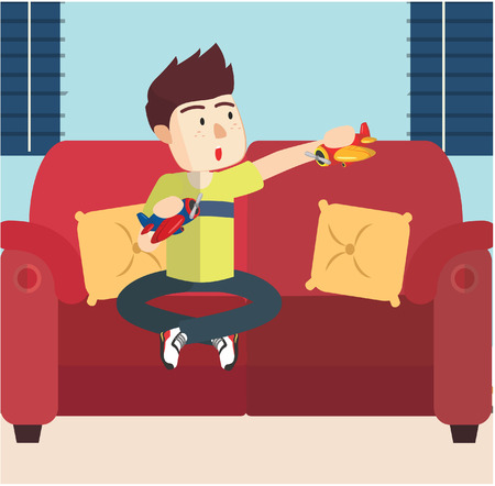 boy playing his toy planeのイラスト素材