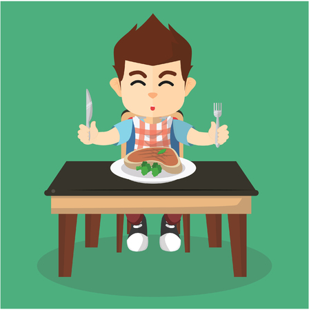 Boy eat steakのイラスト素材