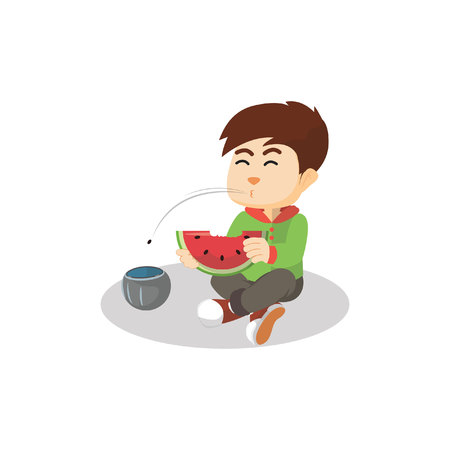 Boy eating watermelonのイラスト素材
