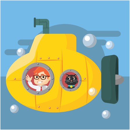 Boy and cat with submarineのイラスト素材