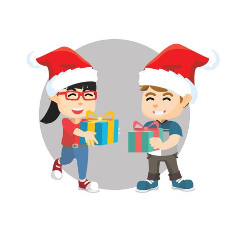Boy and girl exchanging giftのイラスト素材