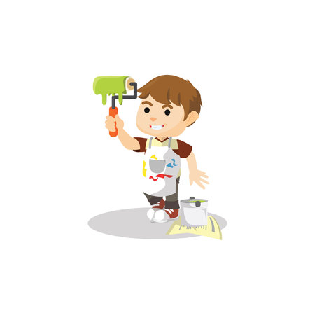 Boy holding paint rollerのイラスト素材