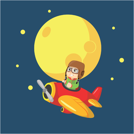 Boy riding plane at nightのイラスト素材