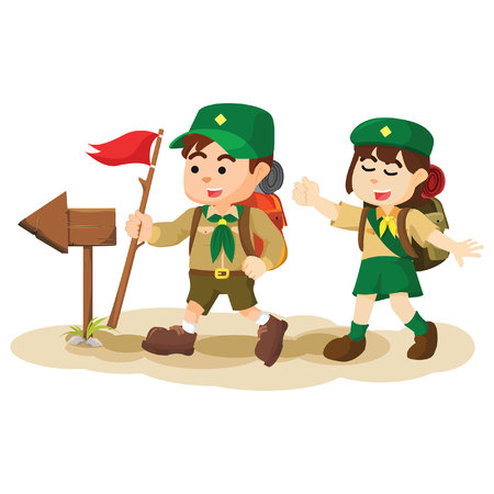 boy and girl scout following arrowsignのイラスト素材