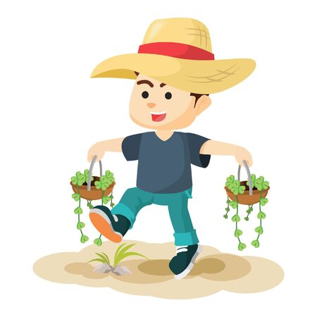 boy carrying two plantのイラスト素材